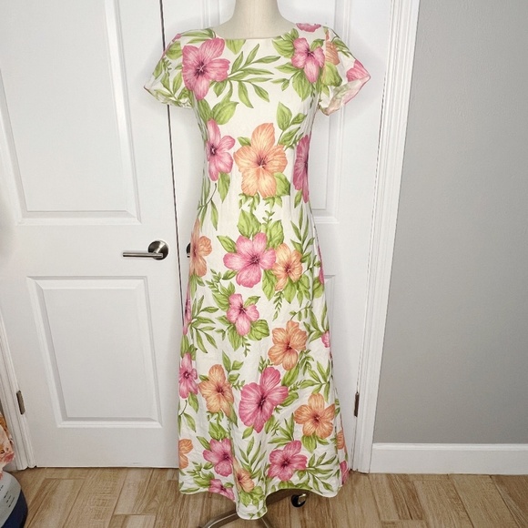 Talbots Dresses & Skirts - Talbots Size 6 Linen Maxi Dress Tropical Floral Print Cream Pink Green